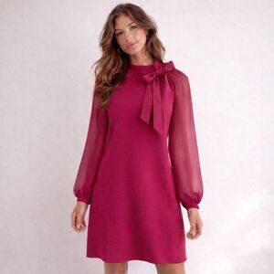 Vince Camuto Pink Bow Neck Crepe Shift Dress Sheer Sleeve Size 8 NWT